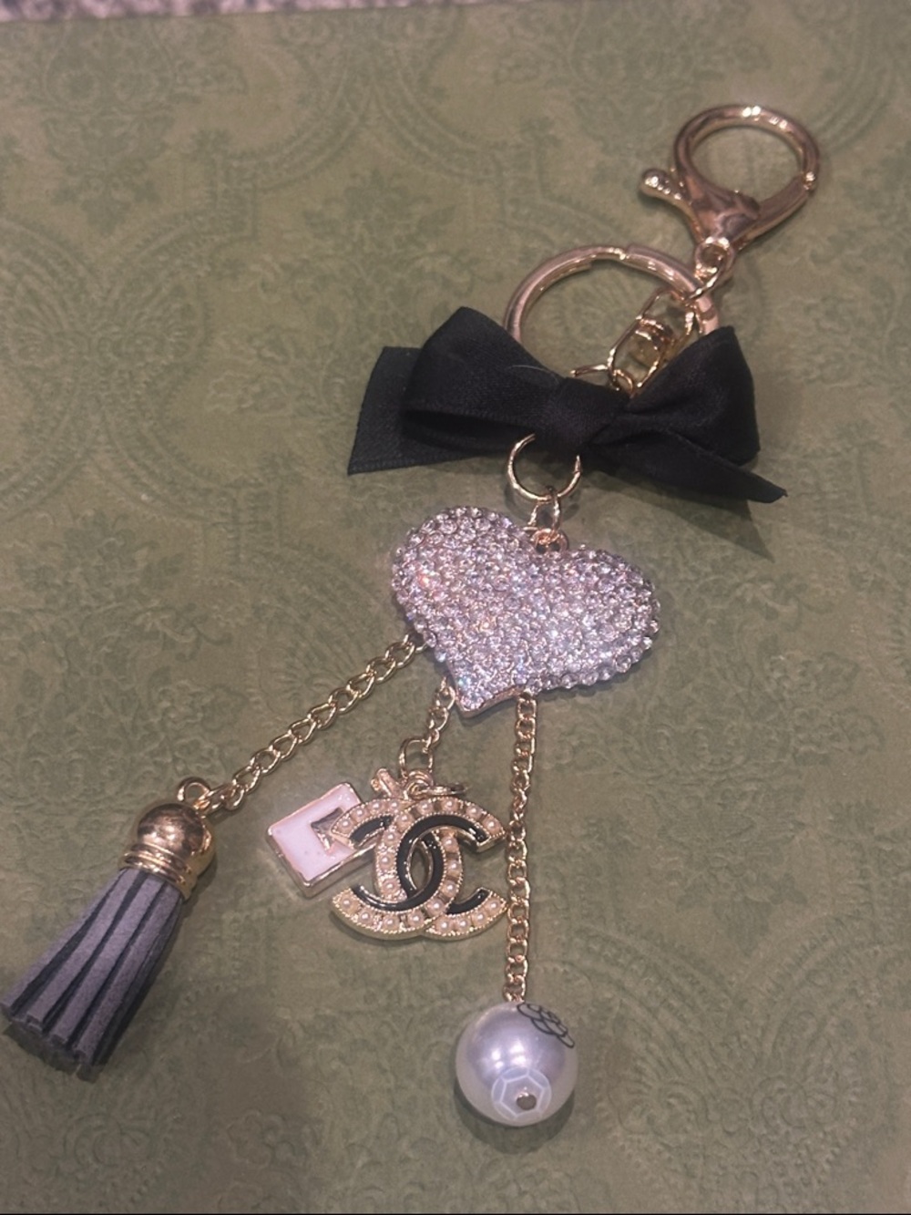 Black Bow & Rhinestone Heart Keychain Charm and up-cycled CC charm